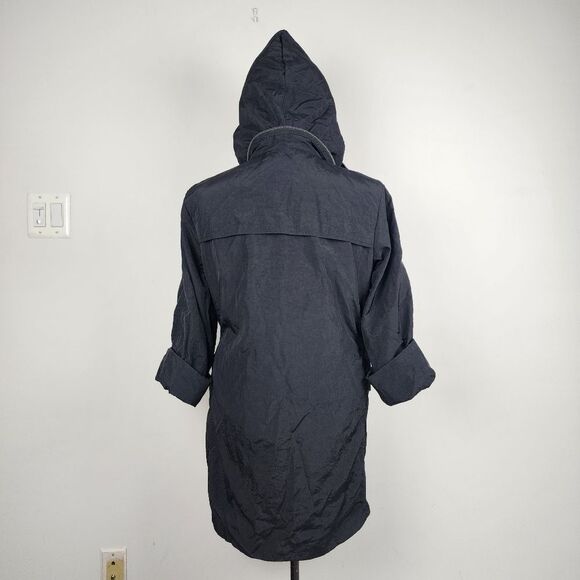 Black Hooded Trench Coat Lightweight Zip up Jacket Windbreaker Roll-tab Sleeve - Picture 3 of 16